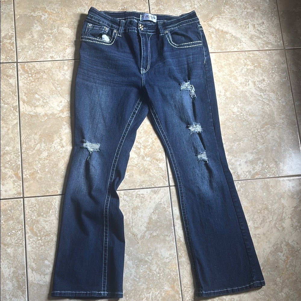 Ya Los Angeles Dark Blue Distressed Flare Jeans